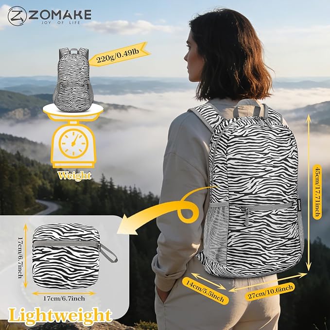 ZOMAKE Ultra Lightweight Hiking Backpack 20L, Packable Small Backpacks Water Resistant Daypack for Women Men(Zebra print)