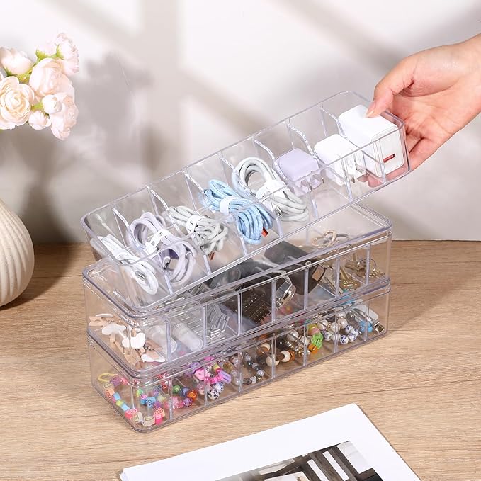 4 Pcs Cord Storage Organizer Clear Plastic Cable Storage Box with 40 Silicone Wire Ties, Cord Organizer Box with Lid for Home Office Desk Organization, Jewelry and Accessories