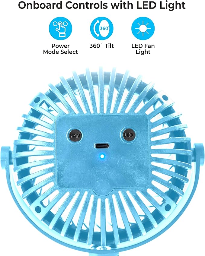 Comfort Zone Portable Stroller Fan – Rechargeable Battery Operated Clip-On Fan with 360° Flexible Tripod & LED Light – 3-Speed Cooling for Car Seats, Cribs, Treadmills & Travel – Light Blue