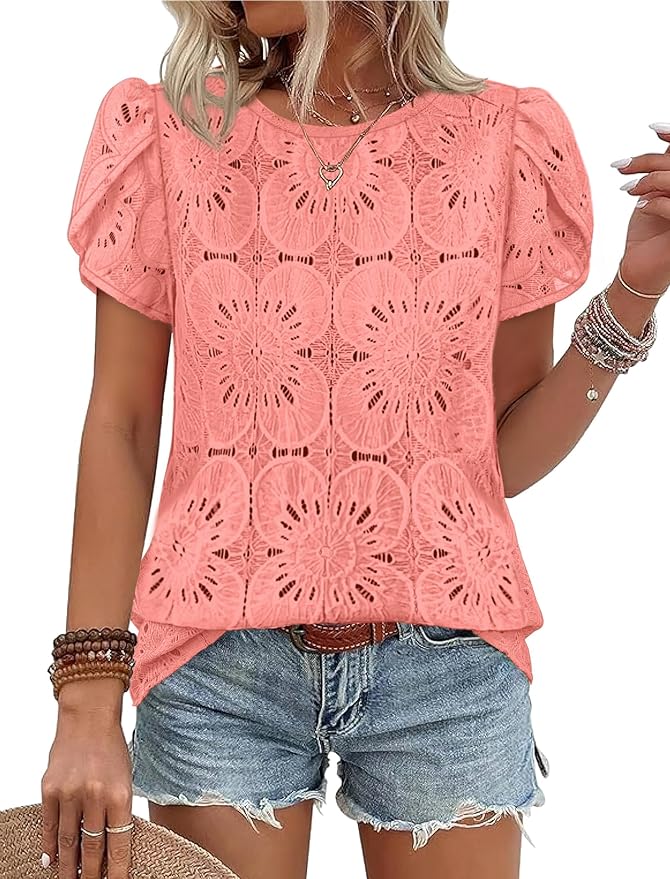 OFEEFAN Blouses for Women Dressy Casual Petal Short Sleeve Shirts Crochet Lace Boho Tops Spring Fashion Summer Outfits
