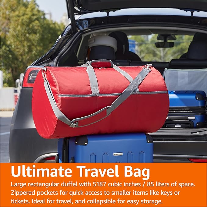 Amazon Essentials 25-inch Foldable Packable Nylon Duffel Bag for Travel and Sports with Multiple Zippered Pockets, 35 lb Weight Capacity, Collapsible for Easy Storage, Red