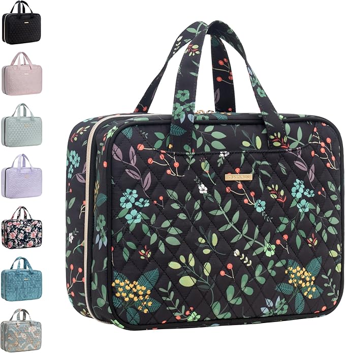 Everfun Hanging Toiletry Bag for Travel, 12x9x4.5 inch Large Capacity Cosmetic Organizer with Leakproof Wet/Dry Compartment, Waterproof Dopp Kit Toiletries Bag for Women Black Leaves