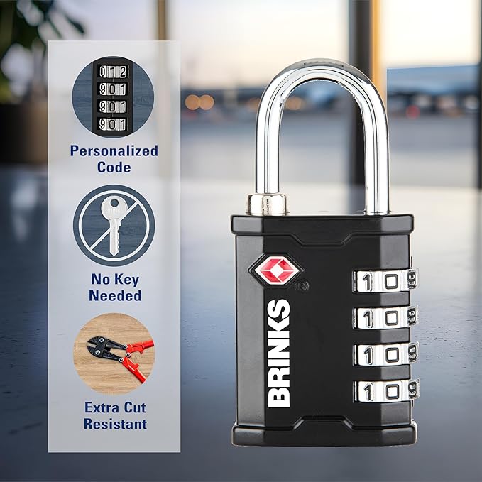 BRINKS TSA Approved Gun Case Lock, Luggage Travel Lock – 4 Dial Resettable Combination Padlock for Equipment Cases, Camera Bags, and More