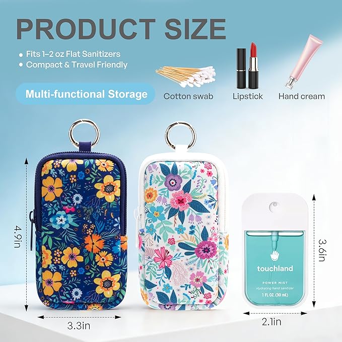 KJQJLY 2 Pack Hand Sanitizer Holder Pouch, Zippered Portable Sanitizer Case with Cute Pattern, Keychain D-Ring for Purse, Backpack & Travel