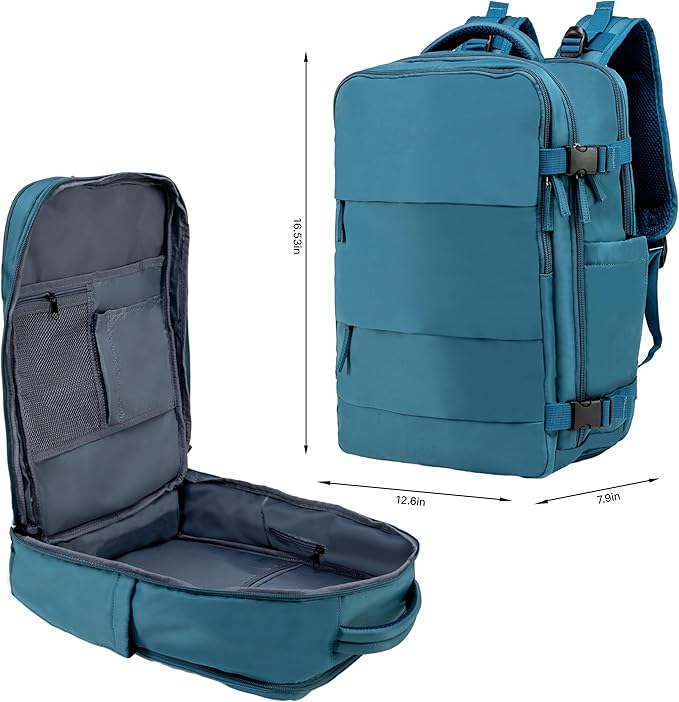 Carrywell (Not Made In China) Travel Backpack Airline Approved, Carry-On Underseat, Holds 15.6 or 16 Inch Laptop, Personal Item Bag with Shoe Compartment For Men Women, Peacock Blue 30l