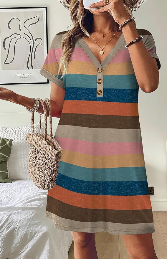 WIHOLL Summer Dresses for Women with Sleeves Midi Dress Button Down Beach Vacation Casual Dresses Fashion Clothing
