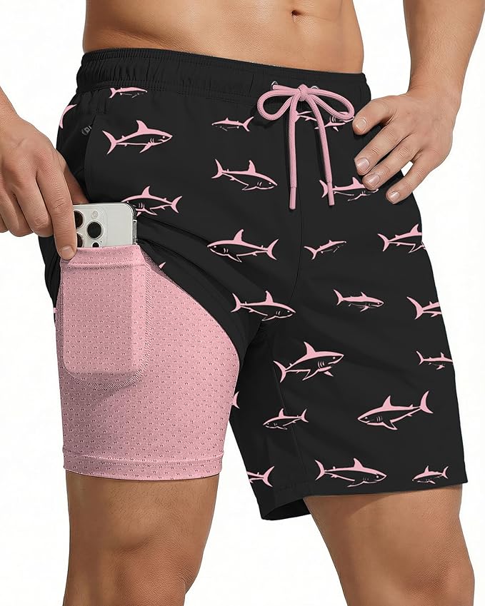 7 Inch Men Swim Trunks with Compression Breathable Liner Quick Dry Zipper Pockets for Pool Board Beach Cruise