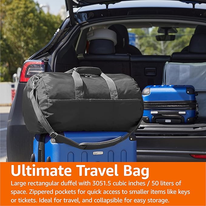 Amazon Essentials Lightweight 20-inch Duffel Bag for Travel with 30 lb Weight Capacity, Zippered Pockets, Collapsible Design, Black
