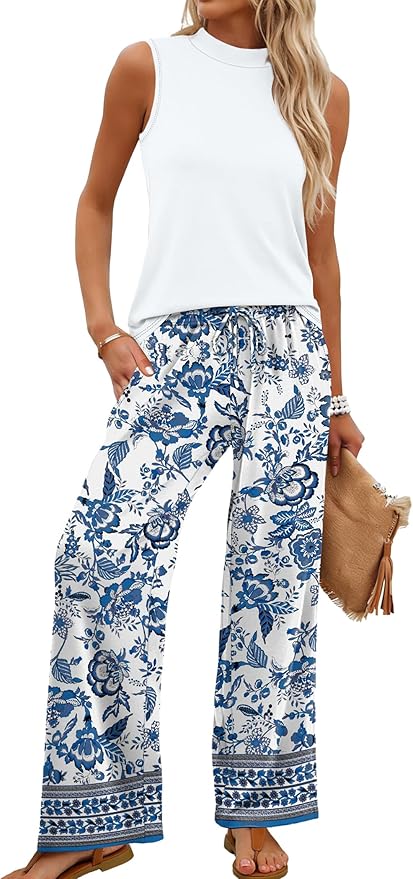 WIHOLL Two Piece Set for Women Summer Spring Outfits Cruise Travel Airport Beach Vacation Mock Neck Wide Leg Pants Set