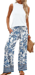 WIHOLL Two Piece Set for Women Summer Spring Outfits Cruise Travel Airport Beach Vacation Mock Neck Wide Leg Pants Set