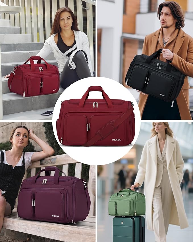 MILADA Carry On Luggage Bags for Travel Lightweight Personal Item Travel Bag Foldable Large Duffle Bag for Travel Tote Overnight Bags for Women Mens Weekender Bags, Burgundy