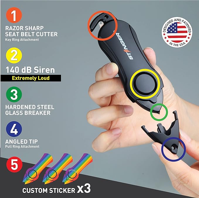 Stinger Personal Alarm Keychain Emergency Tool, Safety Panic Alarm Siren, Seat Belt Cutter, Glass Breaker, Security Device for Women Men Kid, Design in USA (Rainbow)