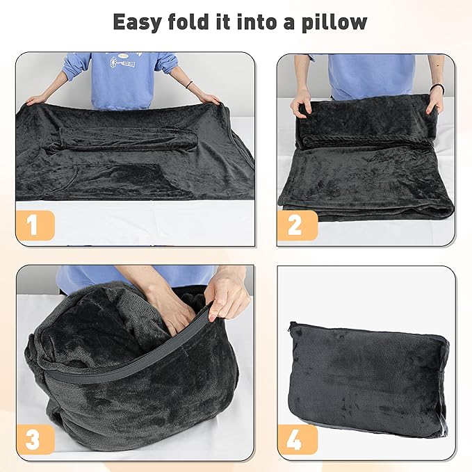 Catalonia Packable Travel Wearable Blanket Pillow with Sleeves for Adults, 2 in 1 Wearable Blanket with Pockets