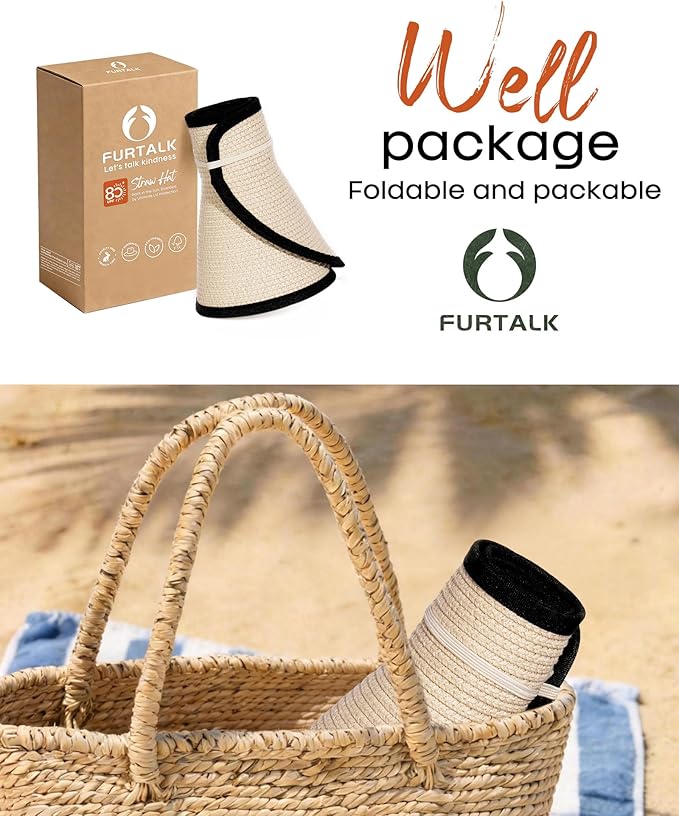 FURTALK Sun Hats for Women Wide Brim Beach Hat Straw Visor Ponytail Summer UV Packable Foldable Beach Vacation Essentials