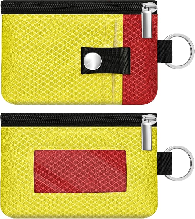 Minimalist RFID Blocking Small Wallet with ID Window,WaterResistant Zip Id Case Wallet with Lanyard Keychain for Cards,Cash,Travel,Women,Men (Lemon Yellow/Red)