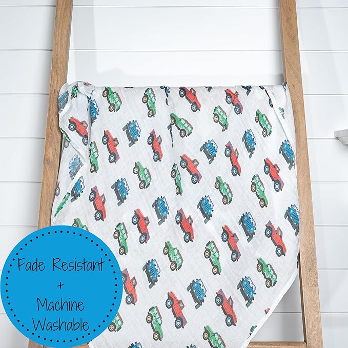 LollyBanks Muslin Swaddle Blankets, 100% Cotton Baby Boy Blanket 47 x 47 Inches, Soft Baby Swaddle Breathable, Muslin Blankets for Boys, Newborn Essentials, Registry (Vehicle Print)