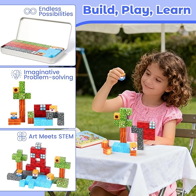 SYSKENI Mini Magnetic Blocks Travel Set, 35PCS Magnetic Blocks Travel Toys for Kids Ages 3-5 4-8, Portable Magnet Cubes Preschool Learning Toys with Portable Iron Storage Box Christmas Birthday