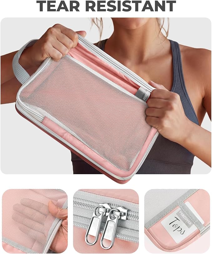 Percover Compression Packing Cubes 8-Piece Set, Packing Cubes Compression for Travel with Laundry Bag & Shoe Bag, Travel Organizer for Carry On & Checked Luggage, Pink