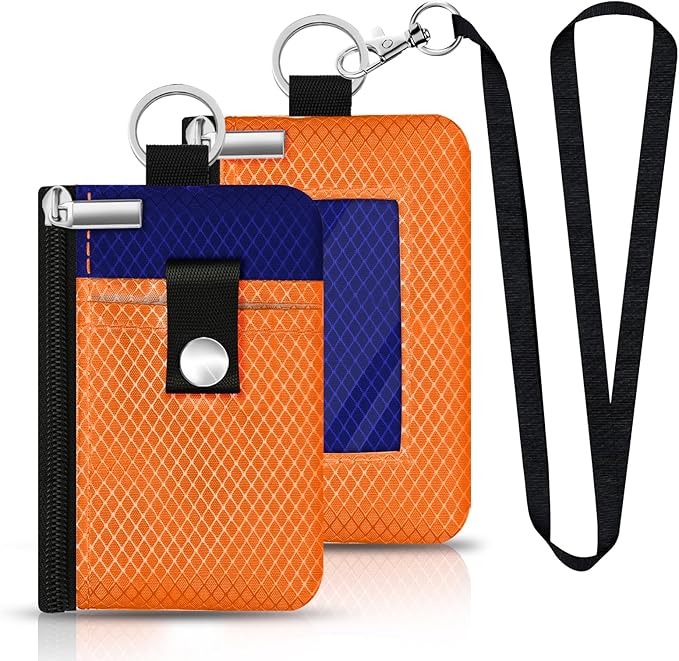 Minimalist RFID Blocking Small Wallet with ID Window,WaterResistant Zip Id Case Wallet with Lanyard Keychain for Cards,Cash,Travel,Women,Men (Orange/Sapphire Blue)