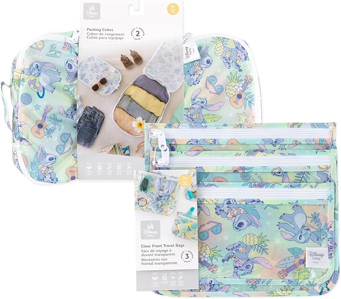 Bumkins Packing Cubes and TSA Approved Pouches for Travel Bag, Organize Luggage with Compression Bags, Essential Traveling Accessories to Pack Clothes, Toiletries, Carryon Suitcase, 5-pc Disney Stitch