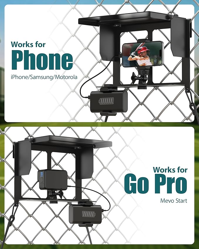 Stouchi Game Changer Mounting Kit, Fence Mount with Adjustable Sun Shade Power Bank Clip, Stable No-Shake Recording Kit for iPhone, Samsung, GoPro, Mevo Start for Baseball Softball Tennis