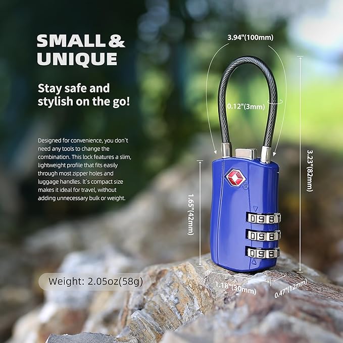 TSA Locks for Luggage, Small Padlock Combination with Cable, Luggage Locks TSA Approved, Combo Padlock with Code, for Travel Suitcase, Gym Locker, Gun Case, Backpack Zipper (Black+Blue)