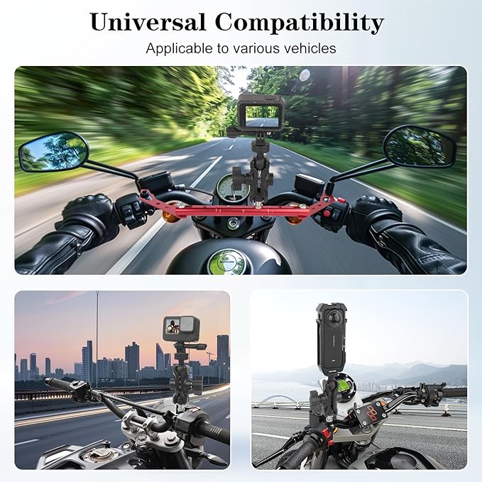 Camera Mount with 360°Dual Ball Head, Motorcycle Handlebar Mounting Bundle Kit for lnsta360 X5/X4/X3/X2/Gopr01/4-20 & Tripod Adapter, Action Camera Mount Adapter for M6 Hole Base,75017
