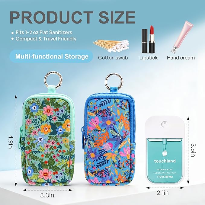 KJQJLY 2 Pack Hand Sanitizer Holder Pouch, Zippered Portable Sanitizer Case with Cute Pattern, Keychain D-Ring for Purse, Backpack & Travel