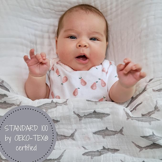 LollyBanks Muslin Swaddle Blanket, 100% Muslin Cotton Baby Blankets for Boys, 47 X 47 Inches Breathable and Soft Newborn Swaddle, Receiving Blanket for Baby, Newborn Essentials, Registry (Shark Print)