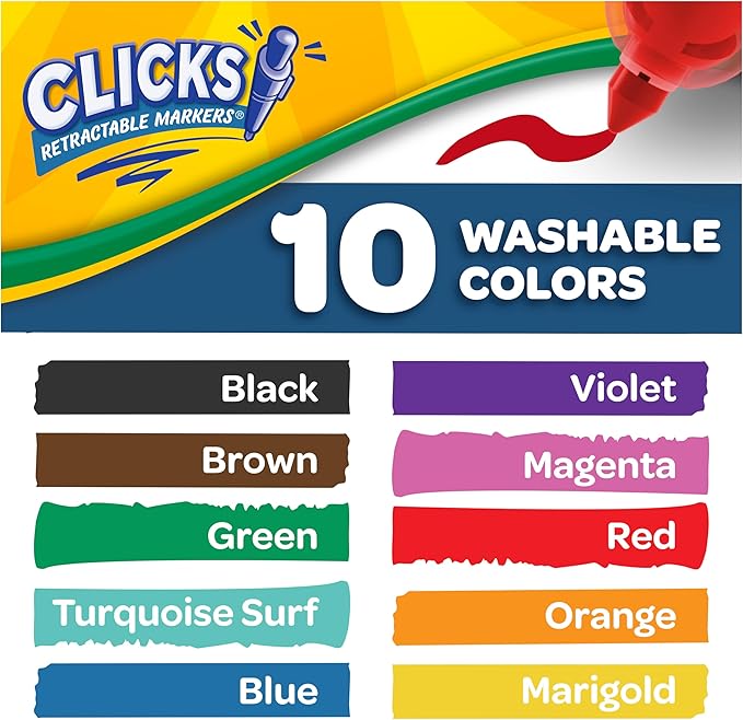 Crayola Clicks Retractable Tip Markers (10ct), Washable Cone Tip Art Marker Set, School Classroom & Craft Supplies for Coloring Books, Ages 3+