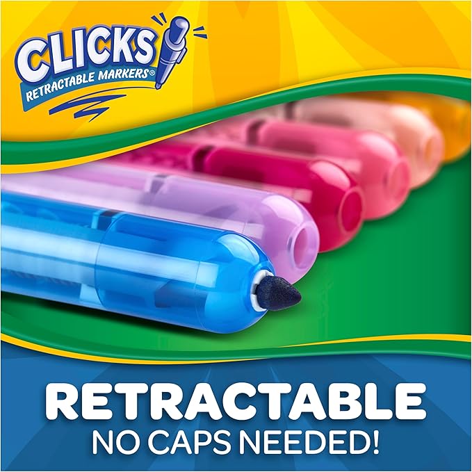 Crayola Clicks Retractable Tip Markers (10ct), Washable Cone Tip Art Marker Set, School Classroom & Craft Supplies for Coloring Books, Ages 3+
