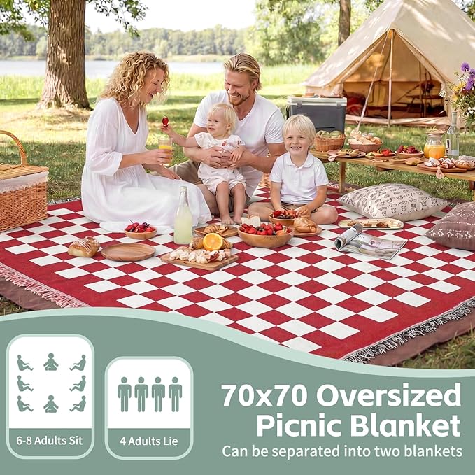 2 in 1 Extra Large Outdoor Picnic Blanket Camping Mat Lightweight Oversized Giant Turkish Boho Beach Mexican Serape Baja Cobijas Mexicanas para Mesa Park Stadium Outside Festival Grass Hammock