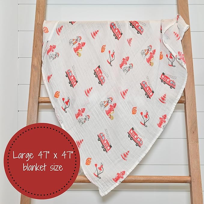 LollyBanks Muslin Swaddle Blanket, 100% Muslin Cotton Swaddle Blankets for Baby Boys, 47 X 47 Inches Soft and Cozy Blankets for Newborn Baby, Newborn Essential, Registry (Fireman Dog Print)