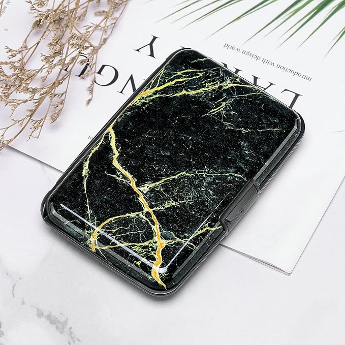 ELFISH Mini RFID Aluminum Wallet Credit Cards Holder Business Card Case Metal ID Case for Men Women (Black Marble)