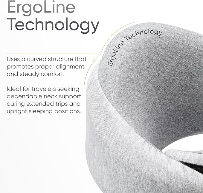 Proglobe Luxe Memory Foam Travel Neck Pillow for Airplanes, Ergonomic 360° Neck and Chin Support, Organic Cotton Cover, Compact Compression Bag, Light Gray