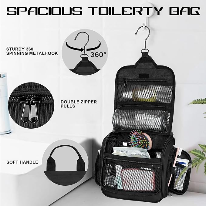 Goloni Hanging Toiletry Bag, 10 Compartments Water-Resistant Makeup Bag with 360° Spinning Metal Hook, Large Travel Cosmetic Organizer for Men & Women, Black (7.05oz)