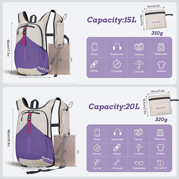 BECOJADDE 15L Small Hiking Backpack for Men Women Foldable Packable Back Pack Ultralight Hiking Daypack for Travel Camping Outdoor, Beige Purple