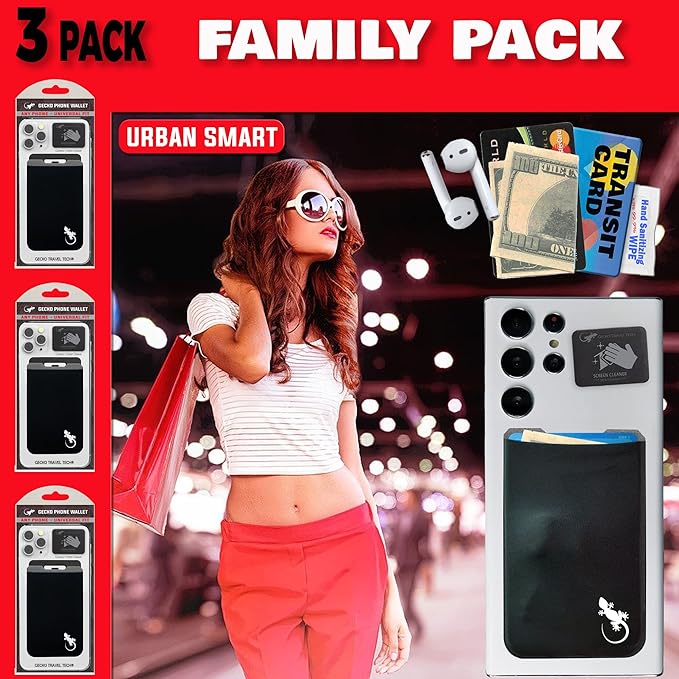 Phone Wallet - Adhesive Card Holder - Cell Phone Pouch - Stick on Lycra Pocket by Gecko - Carry Credit Cards and Cash