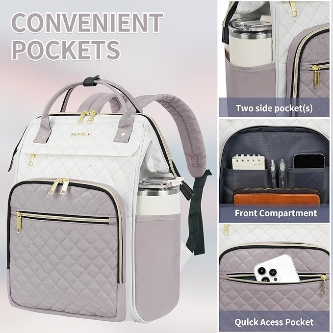 EMPSIGN 17 Inch Laptop Backpack for Women, Work Business Travel Computer College Bags, Large Capacity Water-repellent Quilted Casual Daypack, Beige-Dusty Pink