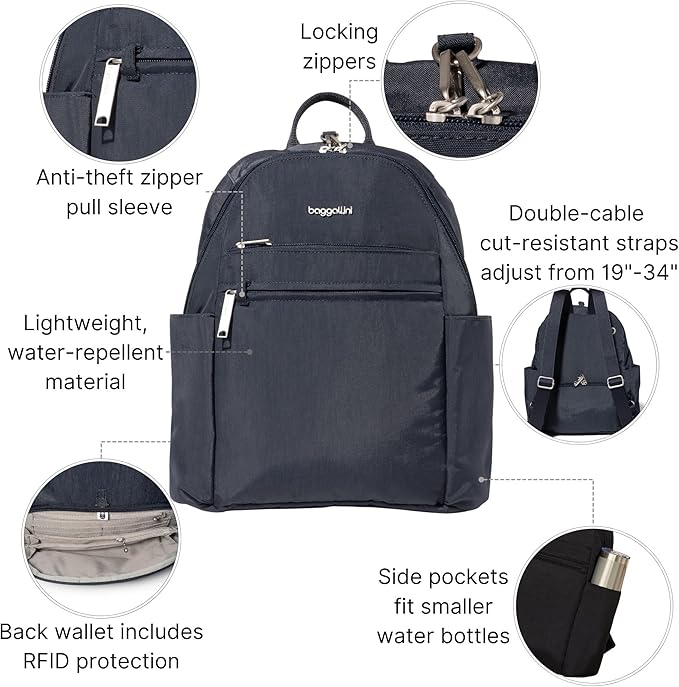 Baggallini Securtex® Anti-theft Vacation Travel Backpack 10x13 Slash-Resistant Nylon Daypack w/RFID, French Navy