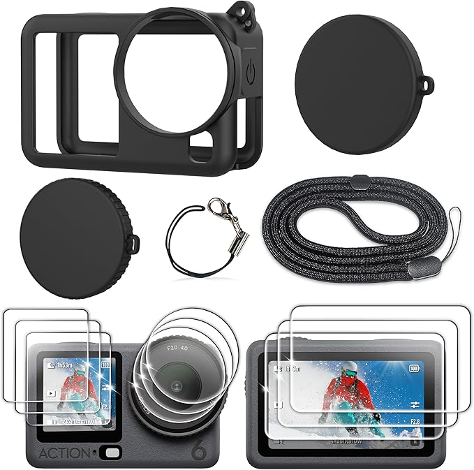 FiTSTILL Silicone Rubber Case+3Pack Tempered Glass Protector Compatible for DJI Osmo Action 6,Rubber Case&Lens Caps&Screen Protectors&Lanyardfor Protective Full Cover Shell Action6 Accessories Kit