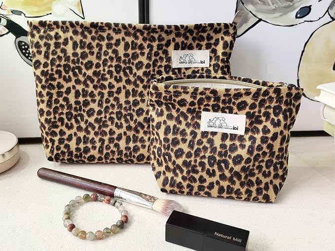 HAPPYHEIDI Leopard Print Makeup Bag with Pocket Large Cosmetic Toiletry Travel Pouch, Small Accessory Organizer Bag, Soft Corduroy Fabric, Brown Cheetah, 8.5x2x6.5 Inches