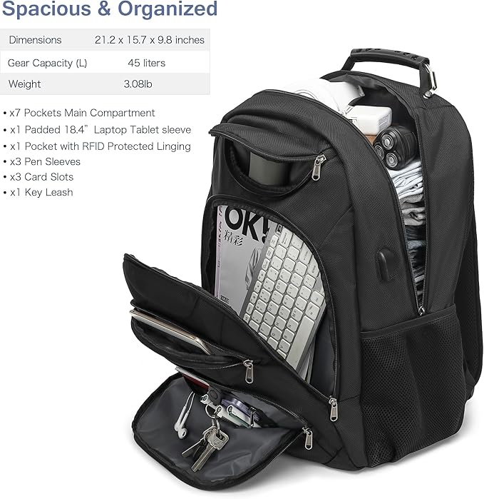 Extra Large Laptop Backpack for Men,37L Gaming Laptop Backpack,18.4Inch Travel Backpack with USB Charging Port, Business Flight Approved -Big Capacity Computer Bag College Bookbag, Black Black