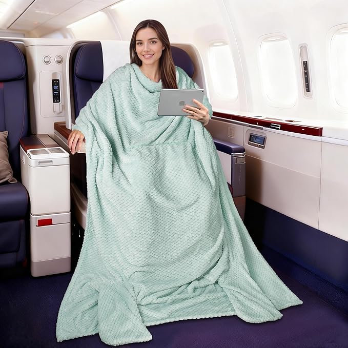 Tirrinia Travel Blanket Compact with Bag, Soft Lightweight Wearable Blanket with Foot Pockets, Airplane Travel Essential Gift