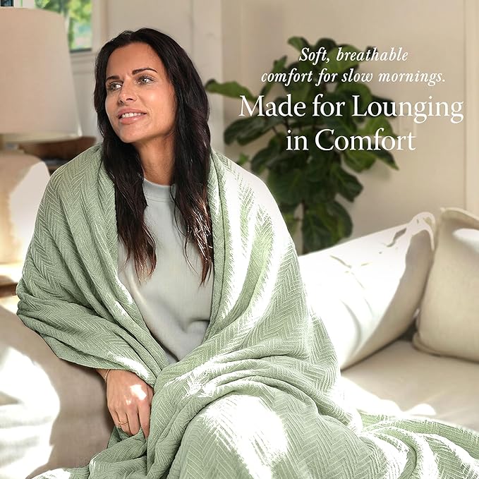 Threadmill Luxury Cotton King Size Blanket | All-Season Cozy Cotton Blankets for King Size Bed | Herringbone Soft Fall Thermal Blanket fits California King Size Bed 106 x 92 | Sage Green