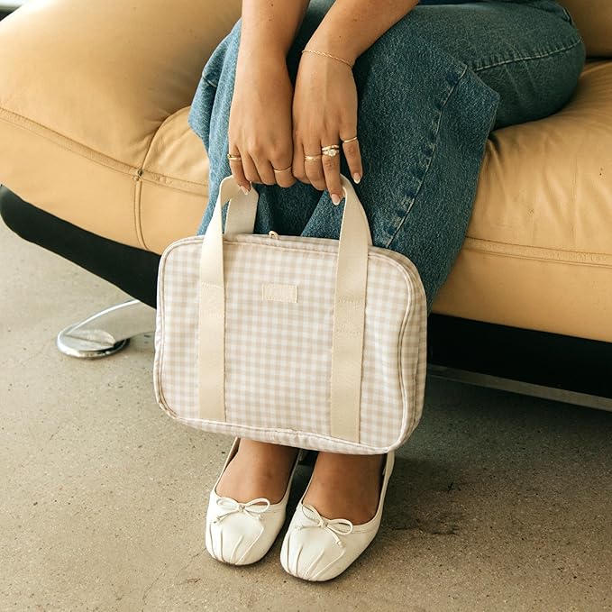 Jadyn Hanging Toiletry Bag, Expandable Toiletry Organizer for Women, Water Resistant Large Travel Cosmetic Bag for Full Size Makeup, Toiletries, Lotion, Shampoo, Accessories (Beige Gingham)