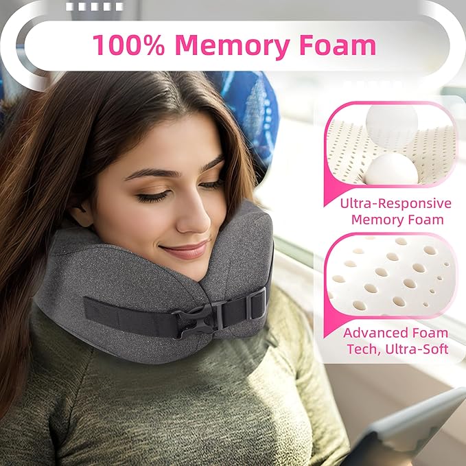 Neck Pillow Airplane Travel Set - Pure Memory Foam Travel Pillow for Long Flights Essentials, Sleeping with 3D Contoured Eye Mask, Earplugs, Portable Bag (Grayish)