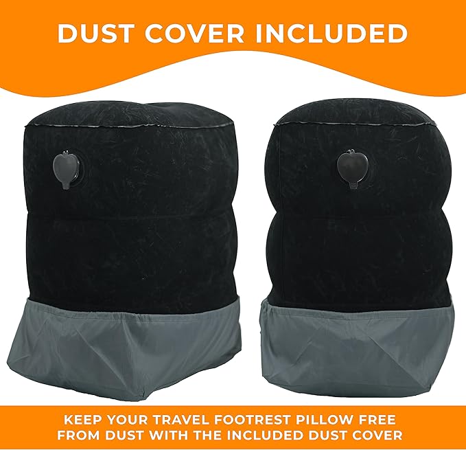Inflatable Travel Foot Rest Pillow - Adjustable Leg Rest for Airplane, Car, Train, Home & Office, Comfortable Seat Extender for Kids - Black