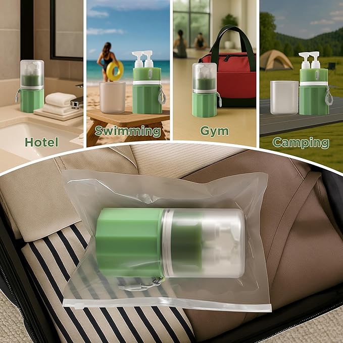 SESENSE 4-in-1 Travel Bottles for Toiletries, TSA Approved Travel Size Toiletries, Leak Proof Refillable Travel Size Shampoo and Conditioner Sets with Wall-Mountable Suction Cup, Green