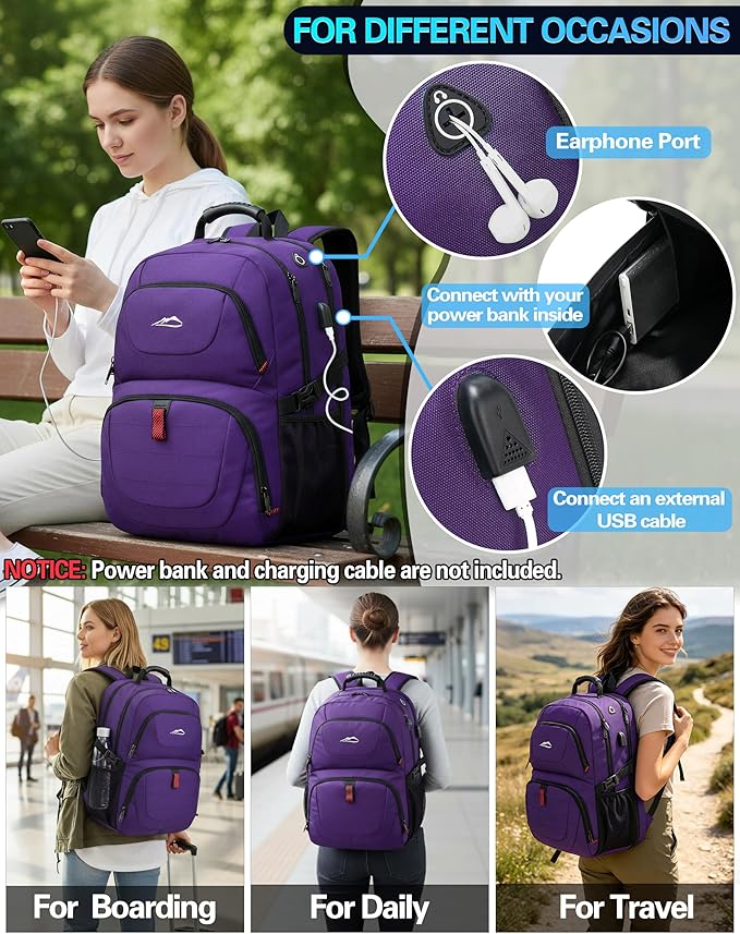 ProEtrade Travel Backpack, Extra Large Laptop Backpack School Business Anti Theft TSA Approved College Work Computer Bag Fits 17 Inch Laptop with USB Charging Port Bookbag for Women Men(Purple)